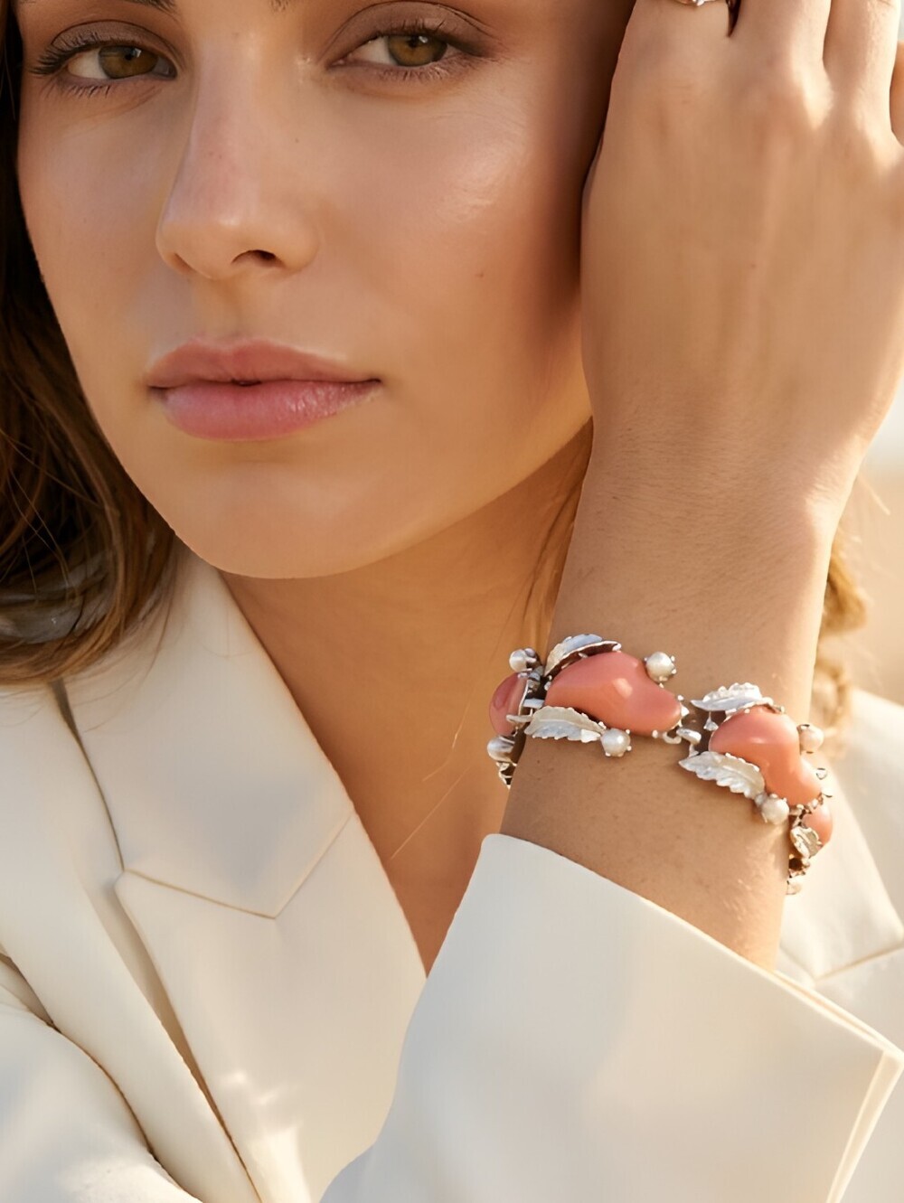 Vintage Unique Bracelet Coral Resin Stones With Pearl And Silver Accents